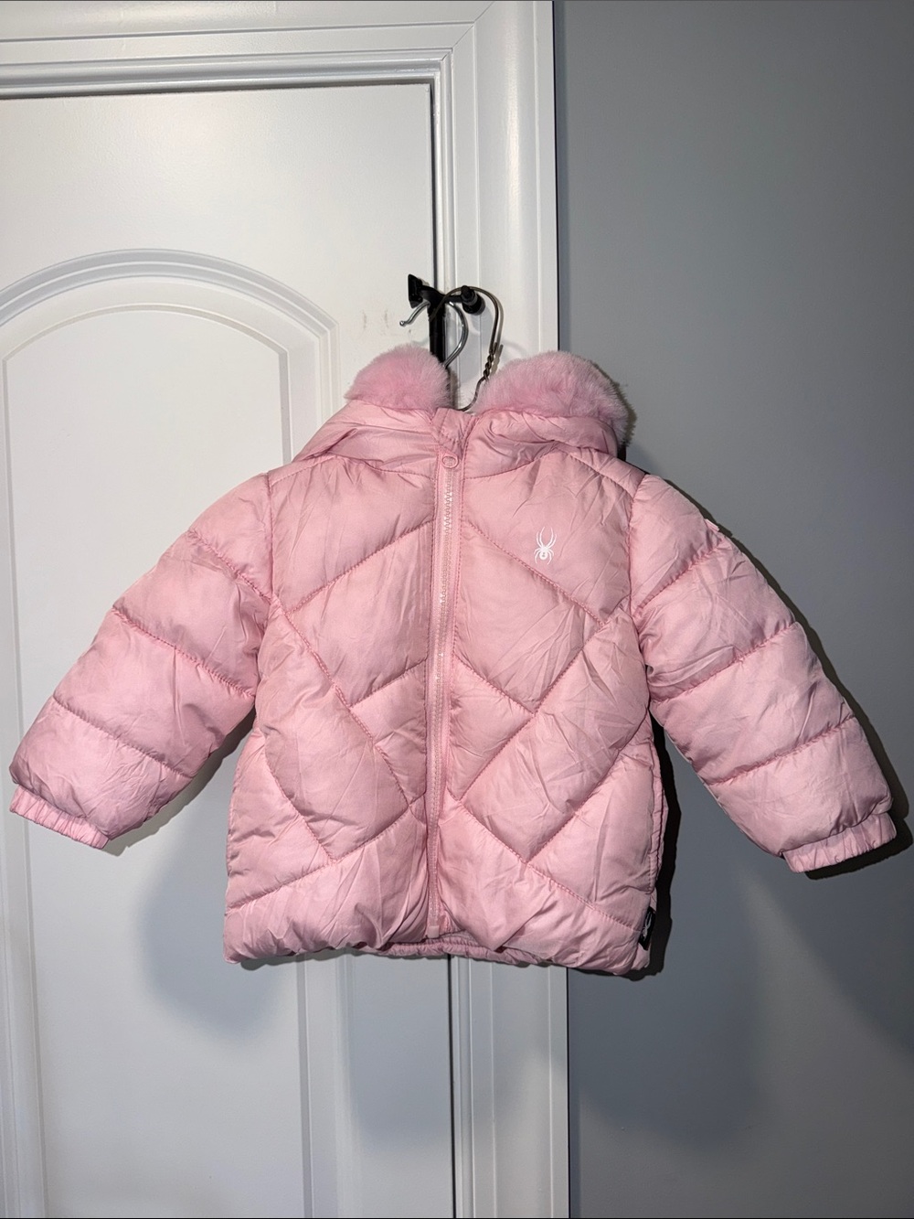 Spyder Light Pink Quilted Kids Puffer Jacket with Faux-Fur Hood